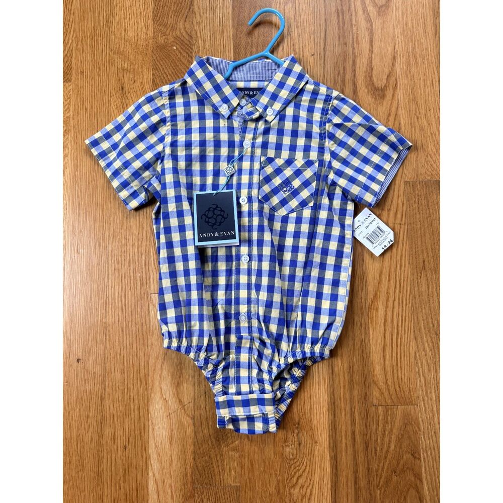 NWT Andy & Evan Boys Shirtzie Bodysuit 18-24M Blue Yellow Gingham Button Down